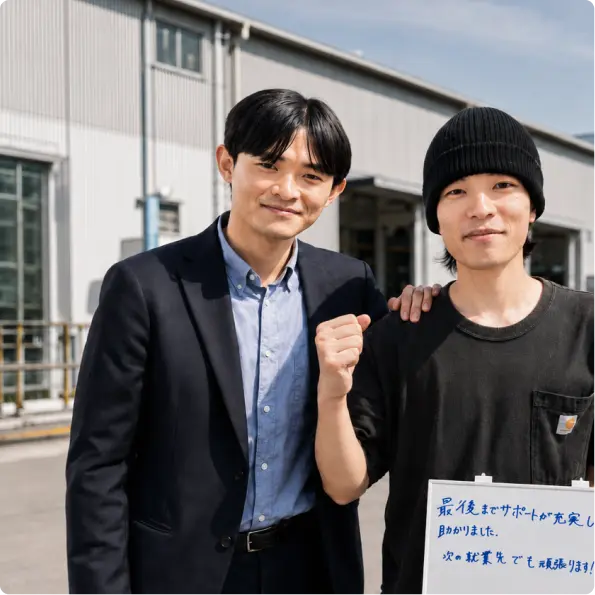 工場前に立つ利用者とスタッフ