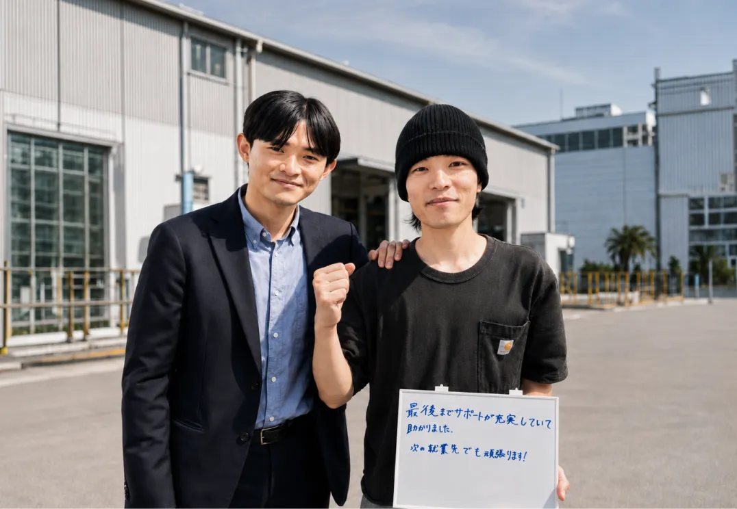 工場前に立つ利用者とスタッフ